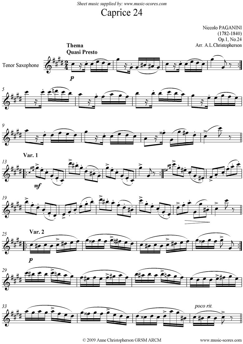Front page of Op.1: Caprice no. 24: Tenor Sax in C# minor sheet music