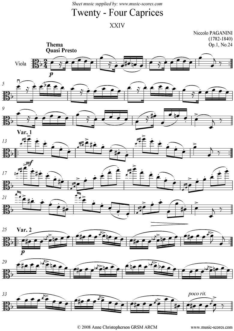 Front page of Op.1: Caprice no. 24: Viola: Hard sheet music