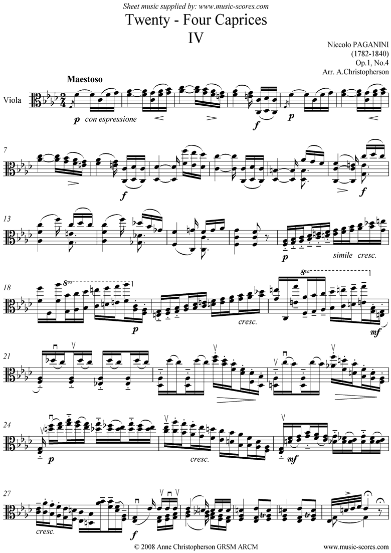 Front page of Op.1: Caprice no. 04: Viola sheet music