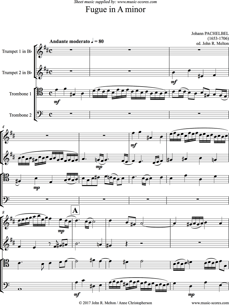 Front page of Fugue in A minor: 2 Trumpets, 2 Trombones sheet music