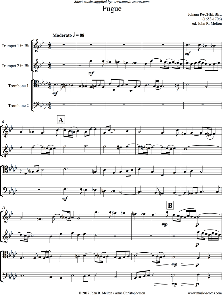 Front page of Fugue in F minor: 2 Trumpets, 2 Trombones sheet music