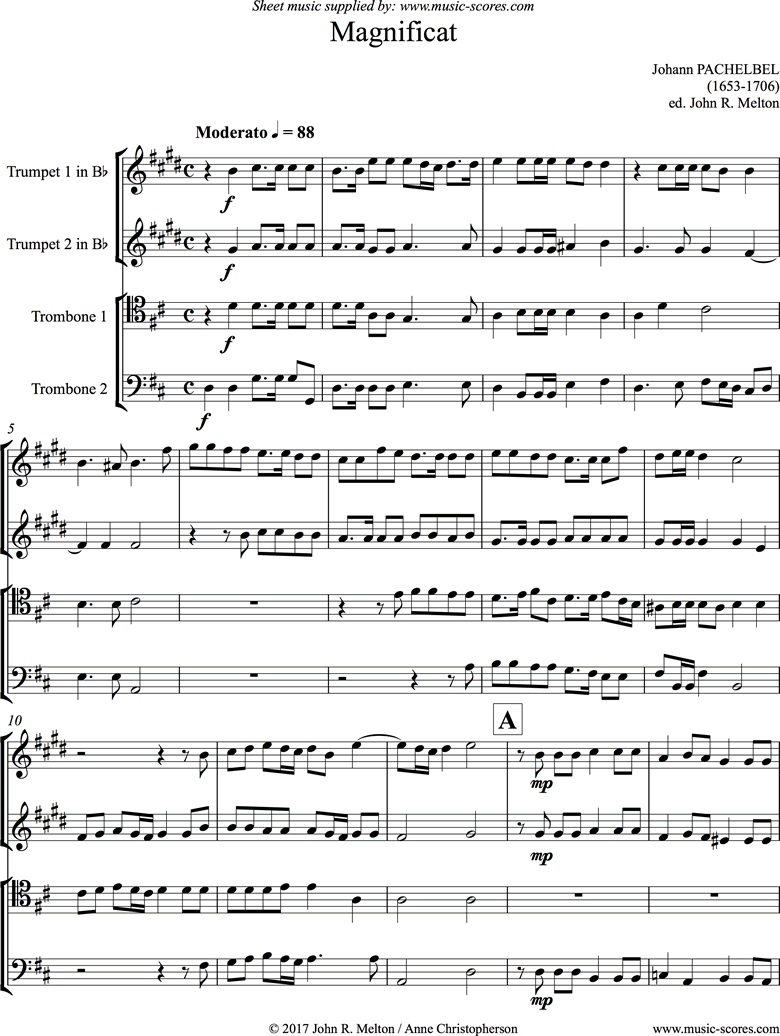 Front page of Magnificat: 2 Trumpets, 2 Trombones sheet music