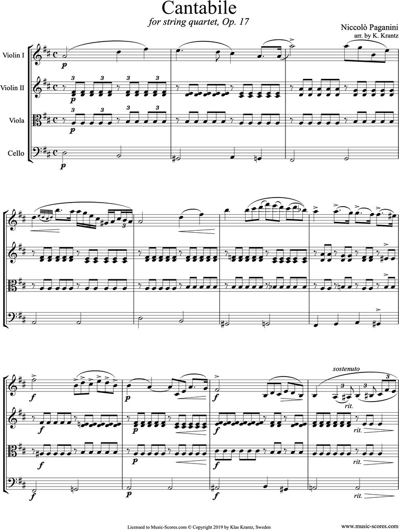 Op.17: Cantabile: String Quartet by Paganini