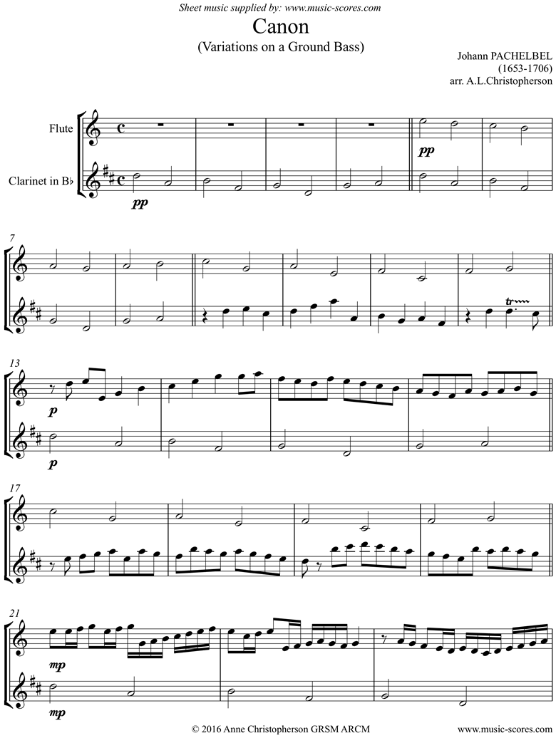 Front page of Canon: Flute and Clarinet sheet music