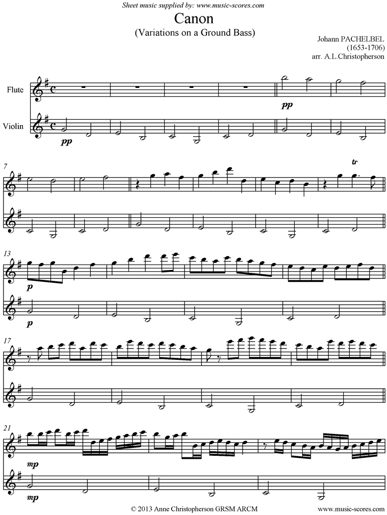 Front page of Canon: Flute, Violin: G ma sheet music