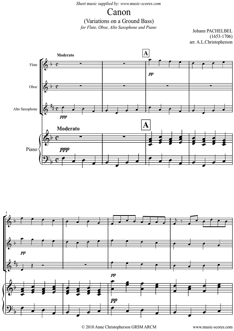 Pachelbel. Canon Flute Oboe Alto Sax and Piano classical sheet music