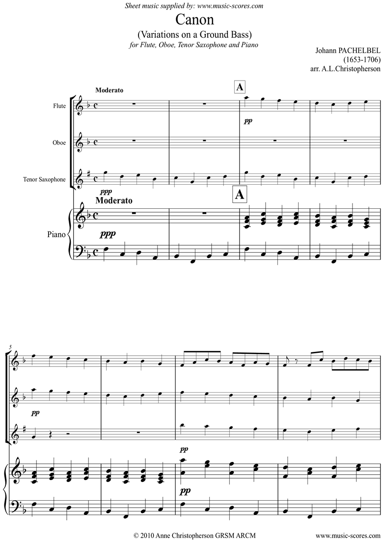 Front page of Canon: Flute, Oboe, Tenor Sax, Piano sheet music