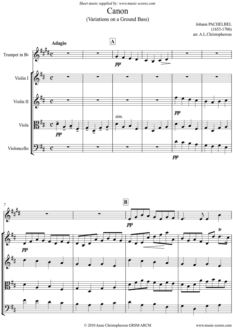 Front page of Canon: 2 Violins, Viola, Cello, Trumpet sheet music