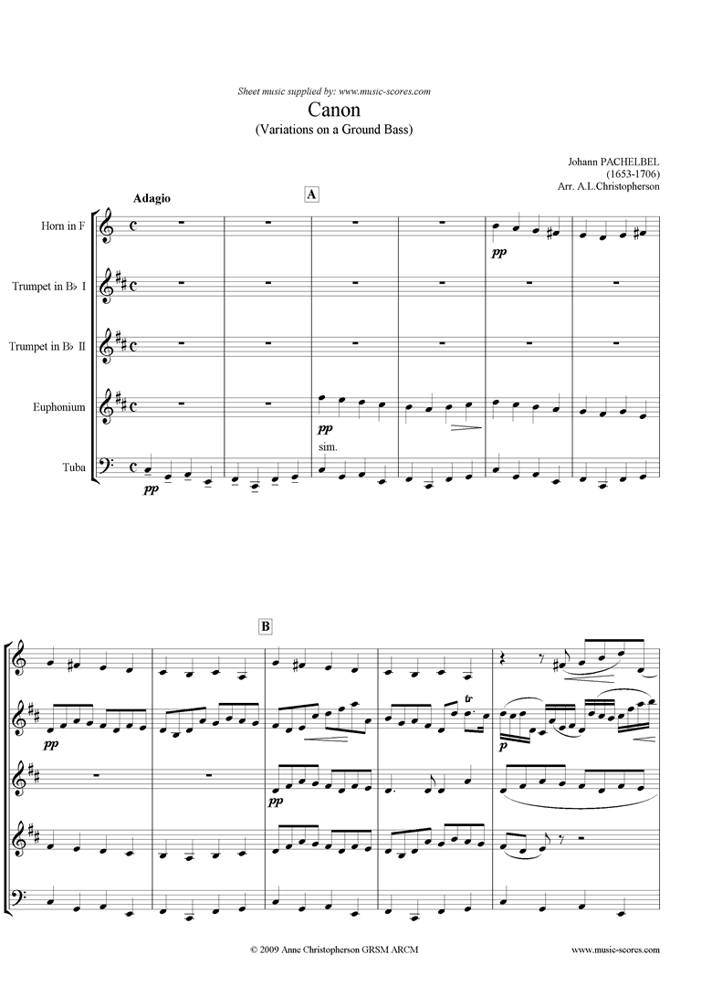 Canon: Horn, 2 Trumpets, Euph or Trombone, Tuba by Pachelbel