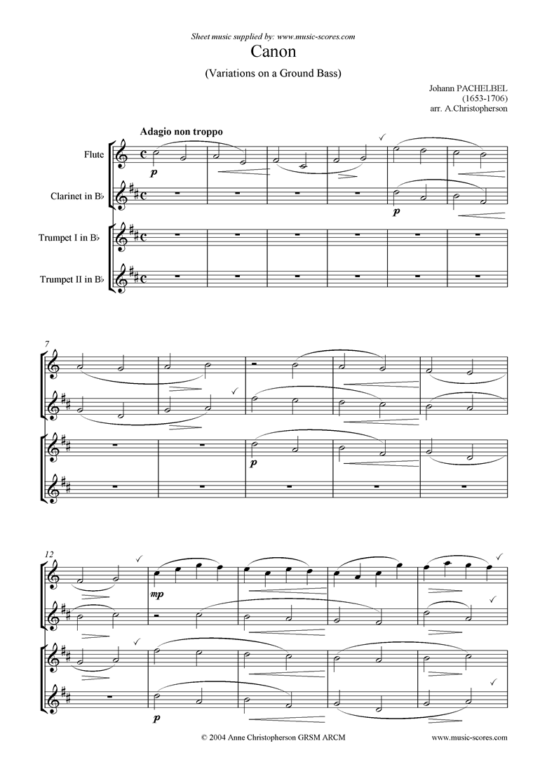 Canon: C: Easy: Flute, Clarinet, 2 Trumpets by Pachelbel