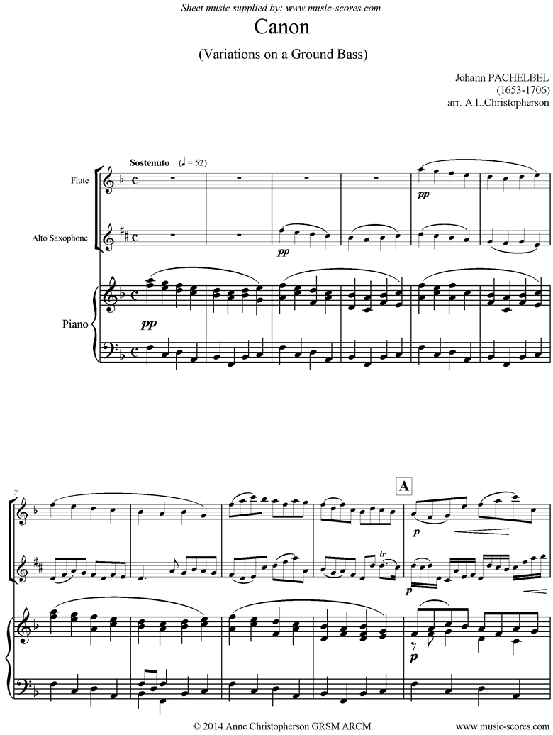 Front page of Canon: Flute, Alto Sax, Piano: Short sheet music
