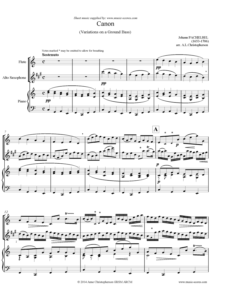 Front page of Canon: Flute, Alto Sax, Piano: Long sheet music