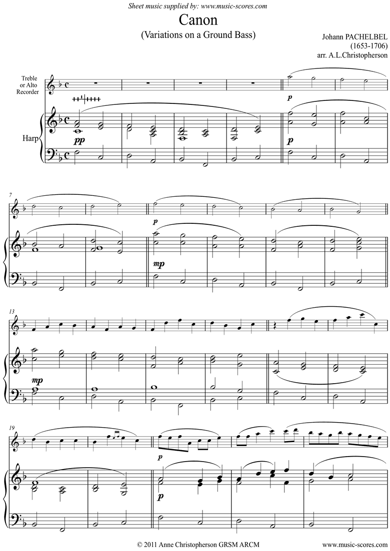 Front page of Canon: Alto or Treble Recorder, Harp sheet music