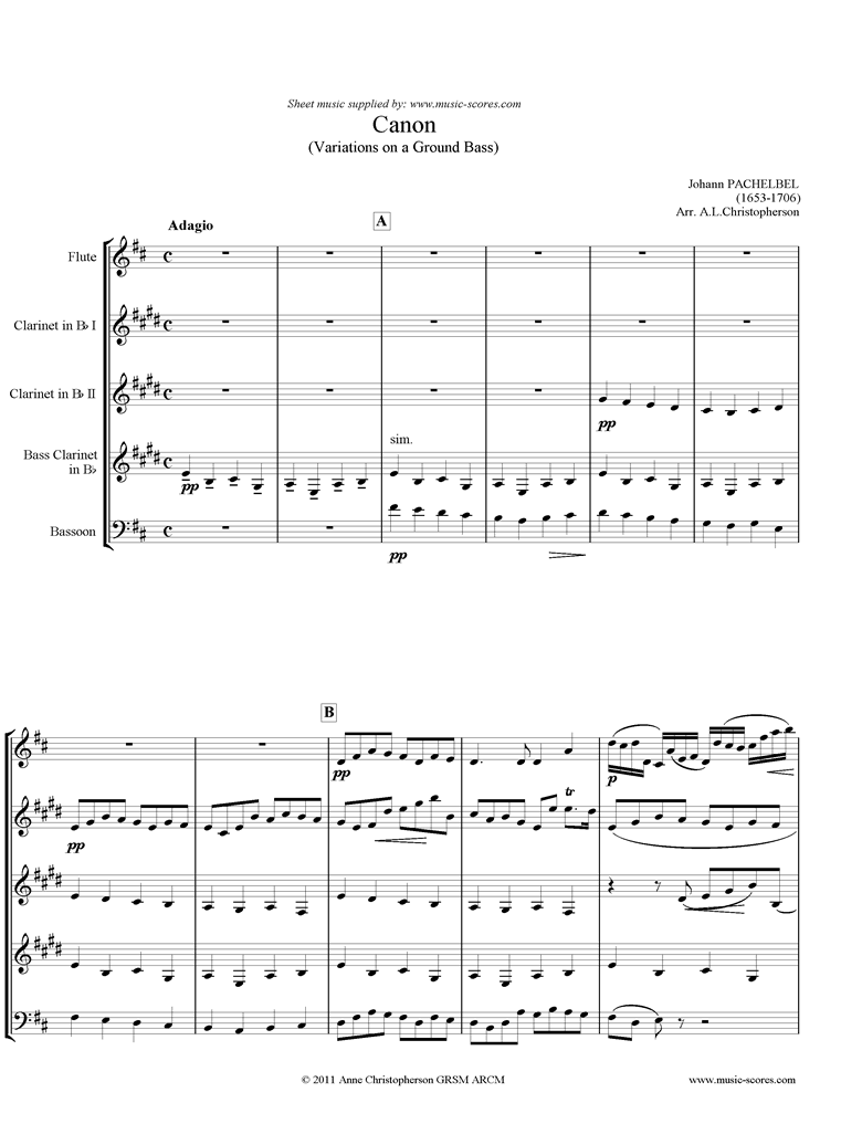 Front page of Canon: Flute, 3 Clarinets, Bass Cl sheet music