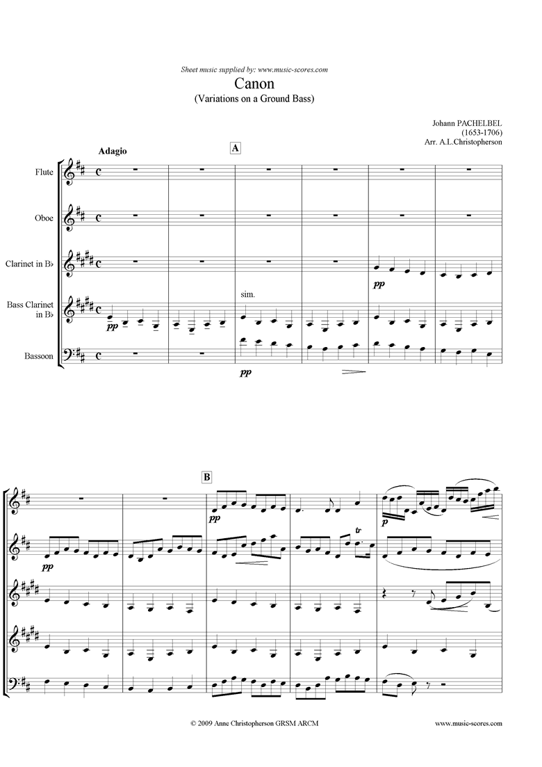 Front page of Canon: Flute Oboe Clarinet, Bass Clarinet, Bassoon sheet music