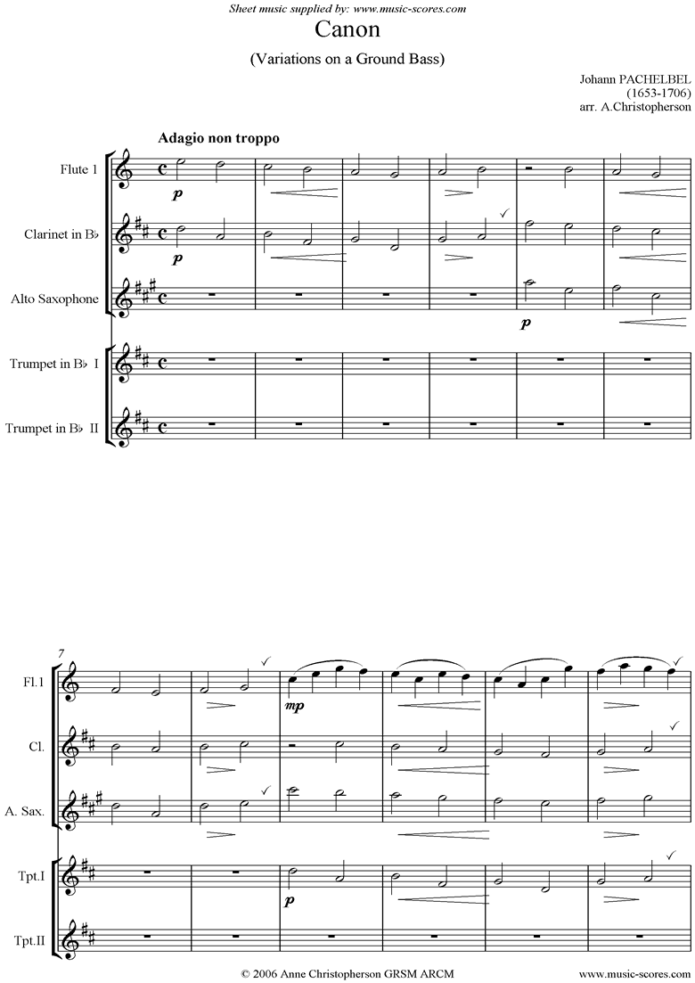 Front page of Canon: Quintet: Flute Clarinet AltoSax, 2 Trumpets sheet music