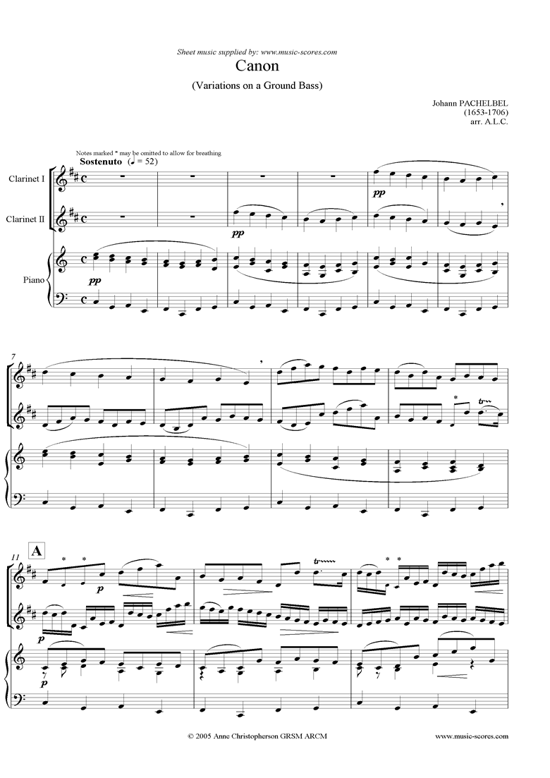 Front page of Canon: Trio for 2 Clarinets and Piano sheet music