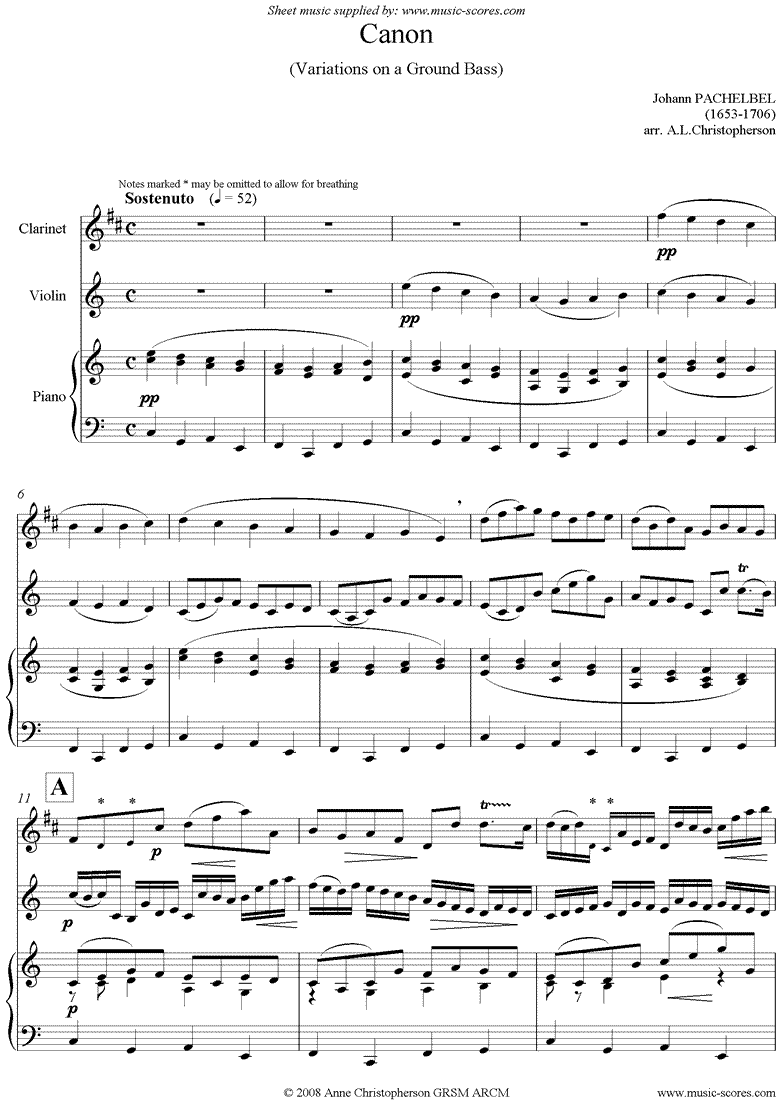 Front page of Canon: Trio for Clarinet, Violin and Piano sheet music