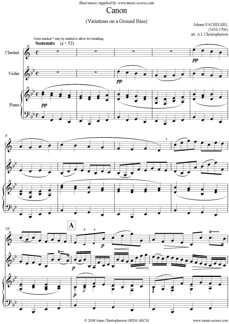 Front page of Canon: Trio for Clarinet, Violin and Piano. Bb sheet music