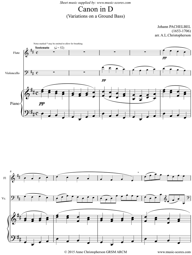 Front page of Canon: trio for Flute, higher Cello and Piano sheet music