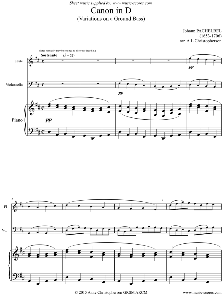 Front page of Canon: trio for Flute, lower Cello and Piano  sheet music