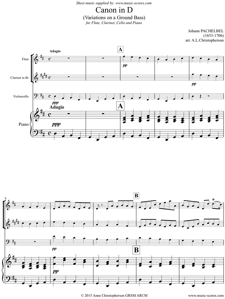 Front page of Canon: Flute, Clarinet, Cello, Piano sheet music