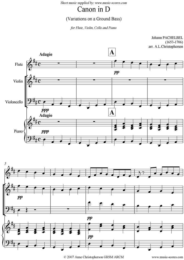 Front page of Canon: Quartet: Flute, Violin, Cello and Piano sheet music
