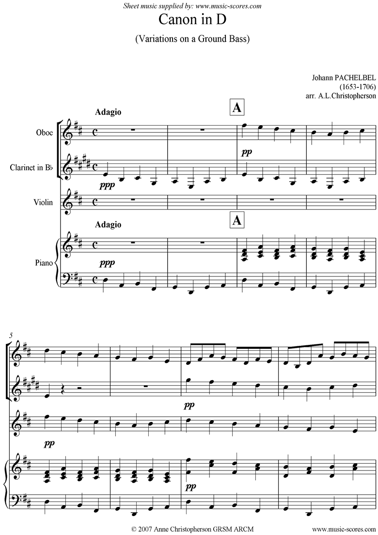 Front page of Canon: Quartet: Oboe, Clarinet, Violin and Piano sheet music