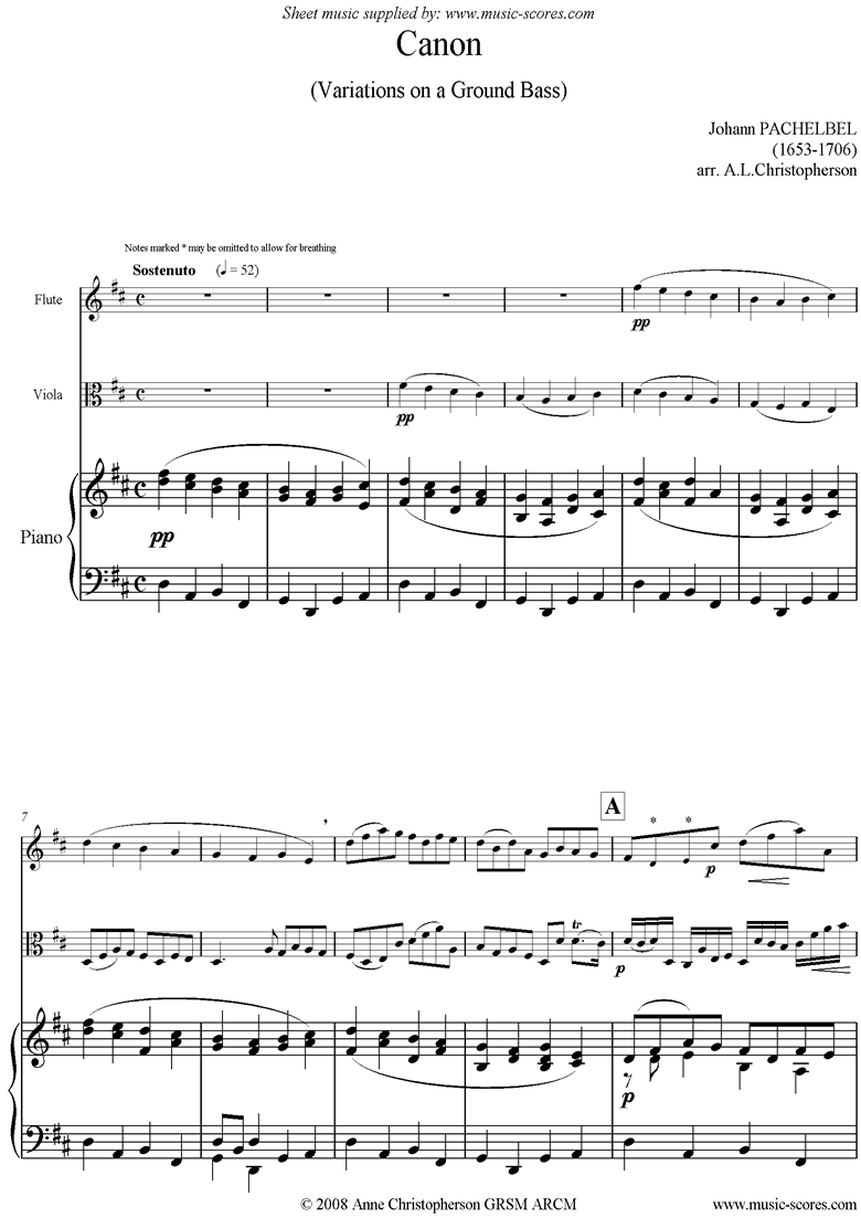 Front page of Canon: Trio for Flute, Viola and Piano sheet music