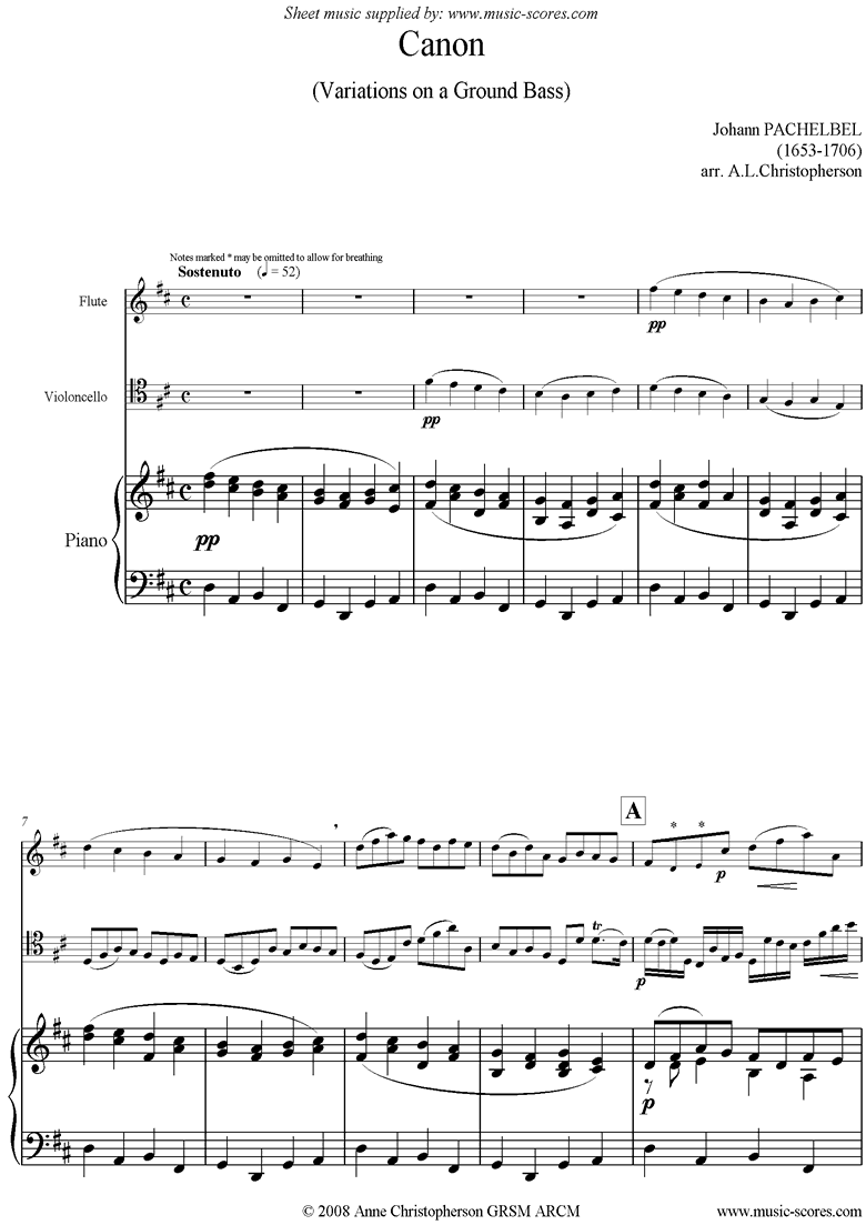 Front page of Canon: Trio for Flute, Cello and Piano sheet music