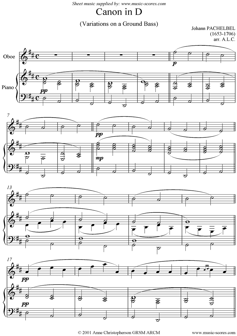 Front page of Canon: Oboe sheet music