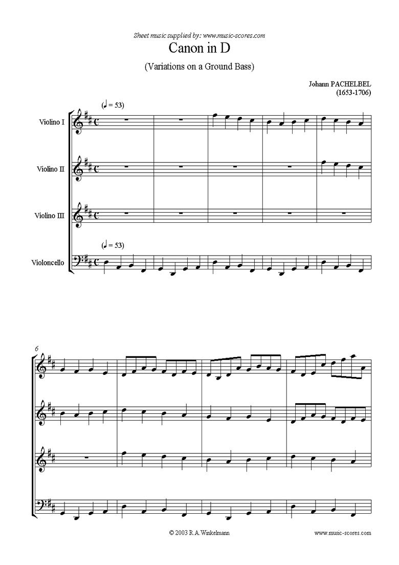 Front page of Canon: 3 violins and cello sheet music
