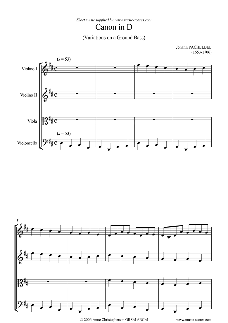 Front page of Canon: String Quartet: 2 violins viola cello sheet music