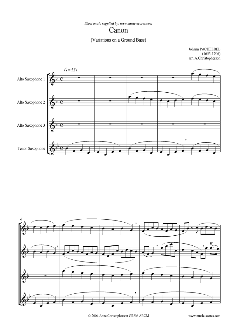 Front page of Canon: 3 Alto Saxes, 1 Tenor sheet music