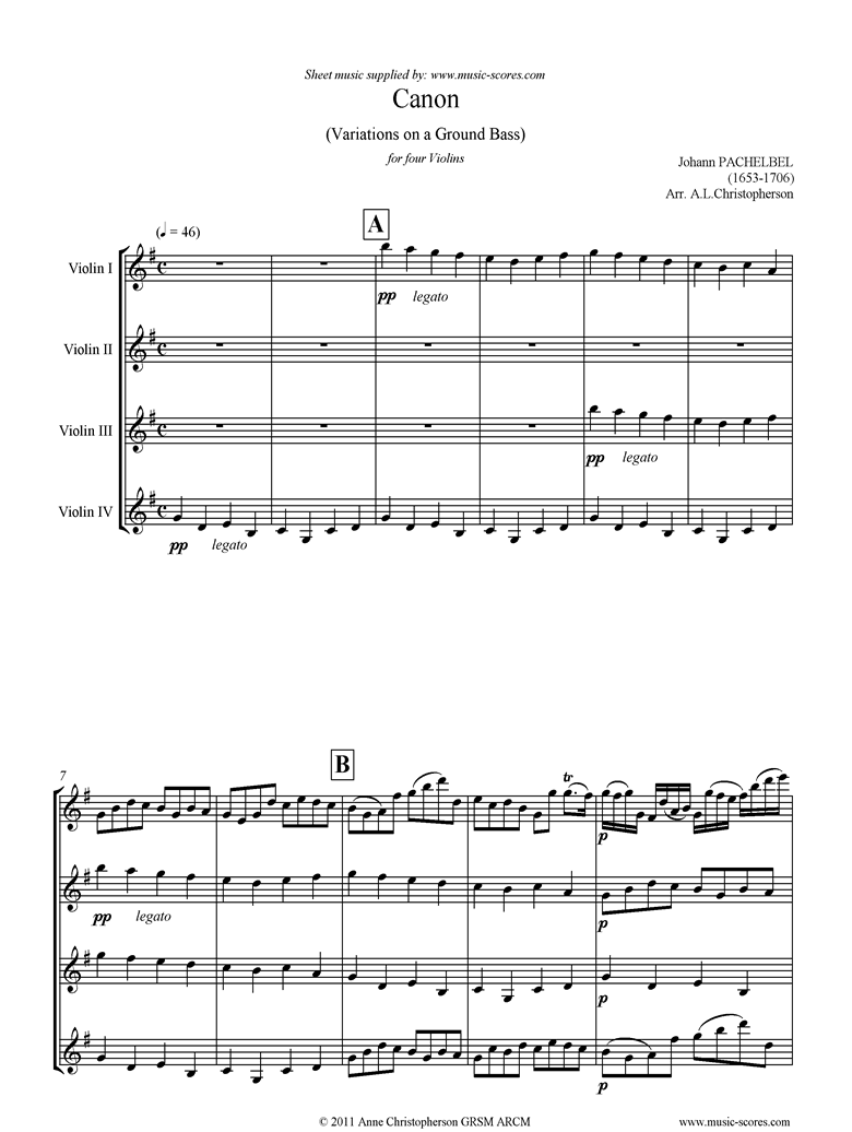 Front page of Canon: Violin quartet sheet music