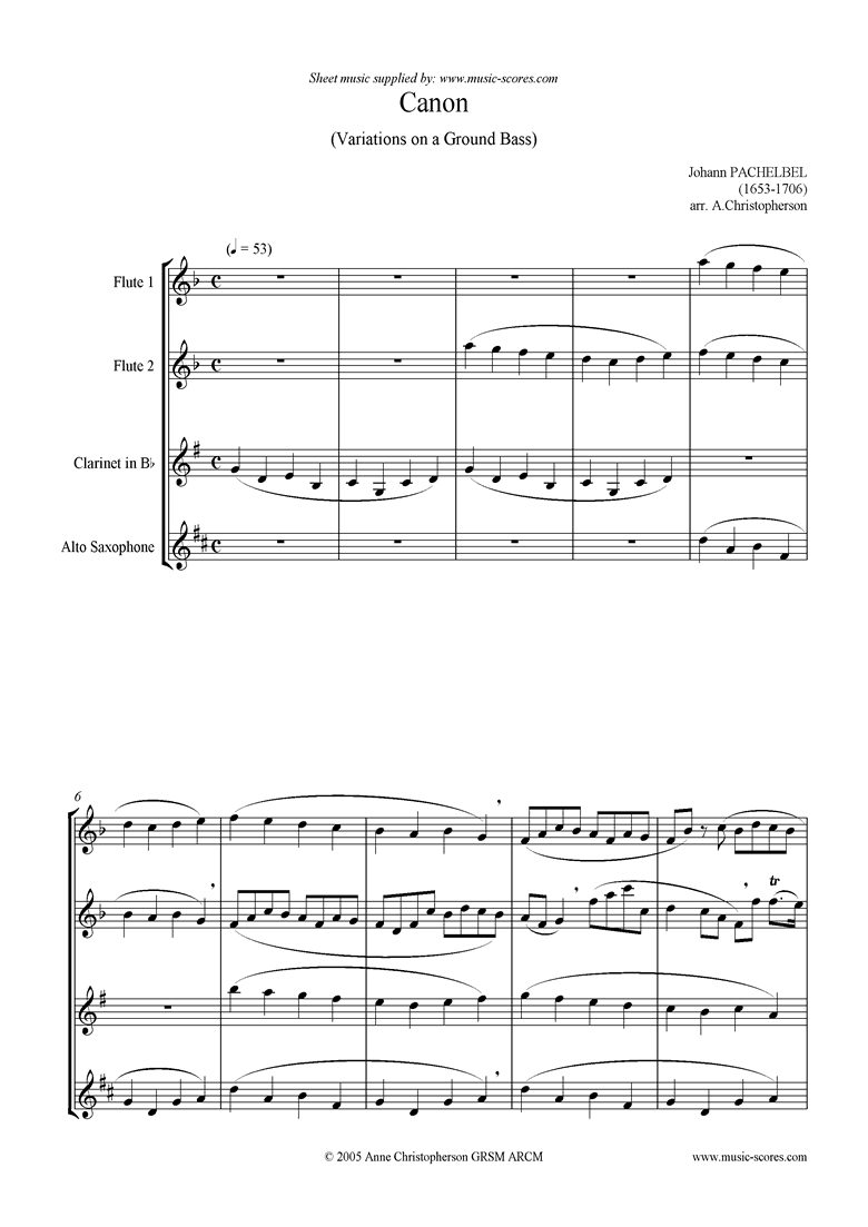 Front page of Canon: Quartet: 2 Flutes, clarinet, alto sax sheet music