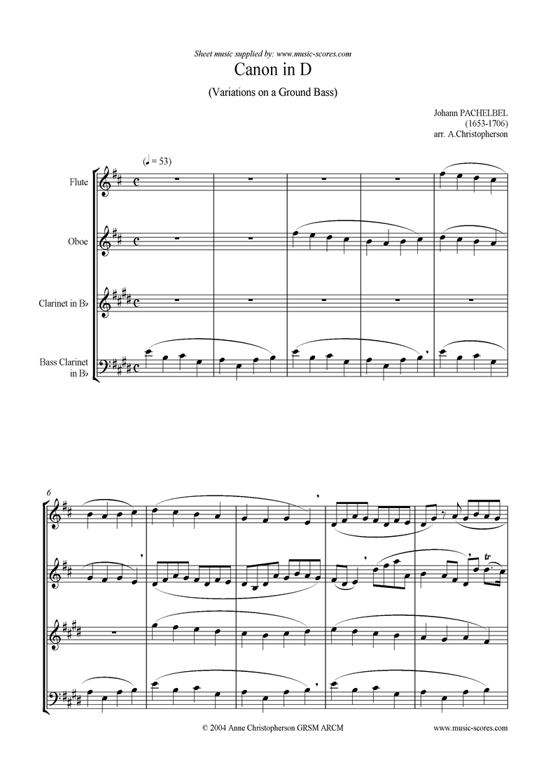 Front page of Canon: Flute Oboe Clarinet Bass Cl or Bassoon sheet music