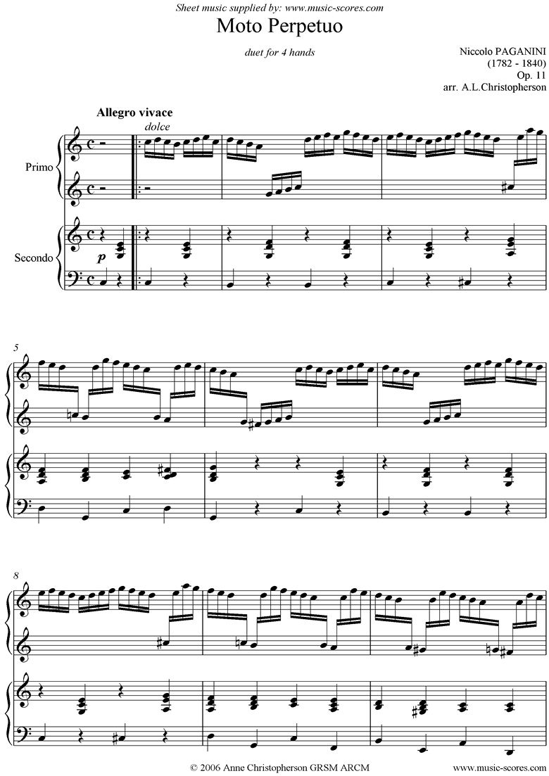 Front page of Moto Perpetuo: Op. 11: Piano Duet - 4 hands sheet music