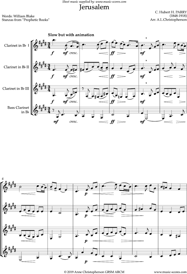 Front page of Jerusalem: Clarinet Quartet sheet music