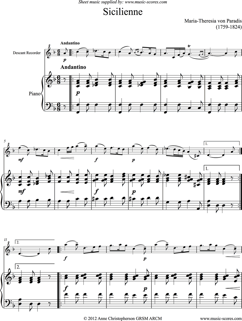 Siciliano: Descant Recorder, Piano by Paradies-MT