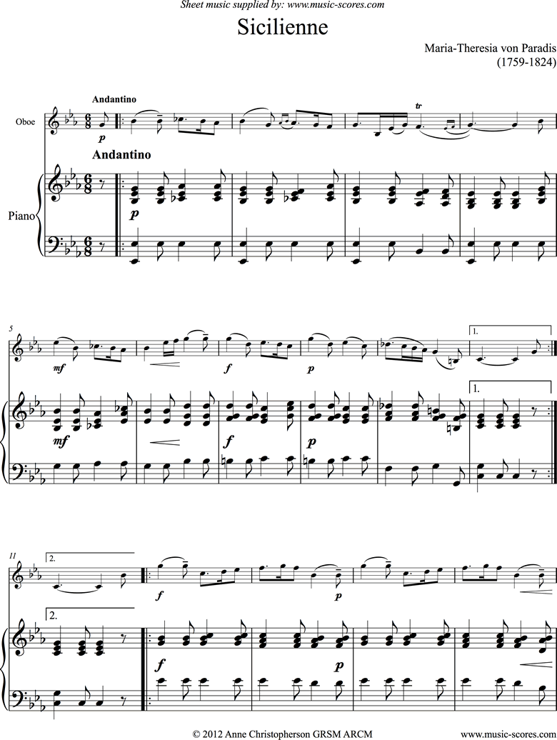 Siciliano: Oboe, Piano by Paradies-MT