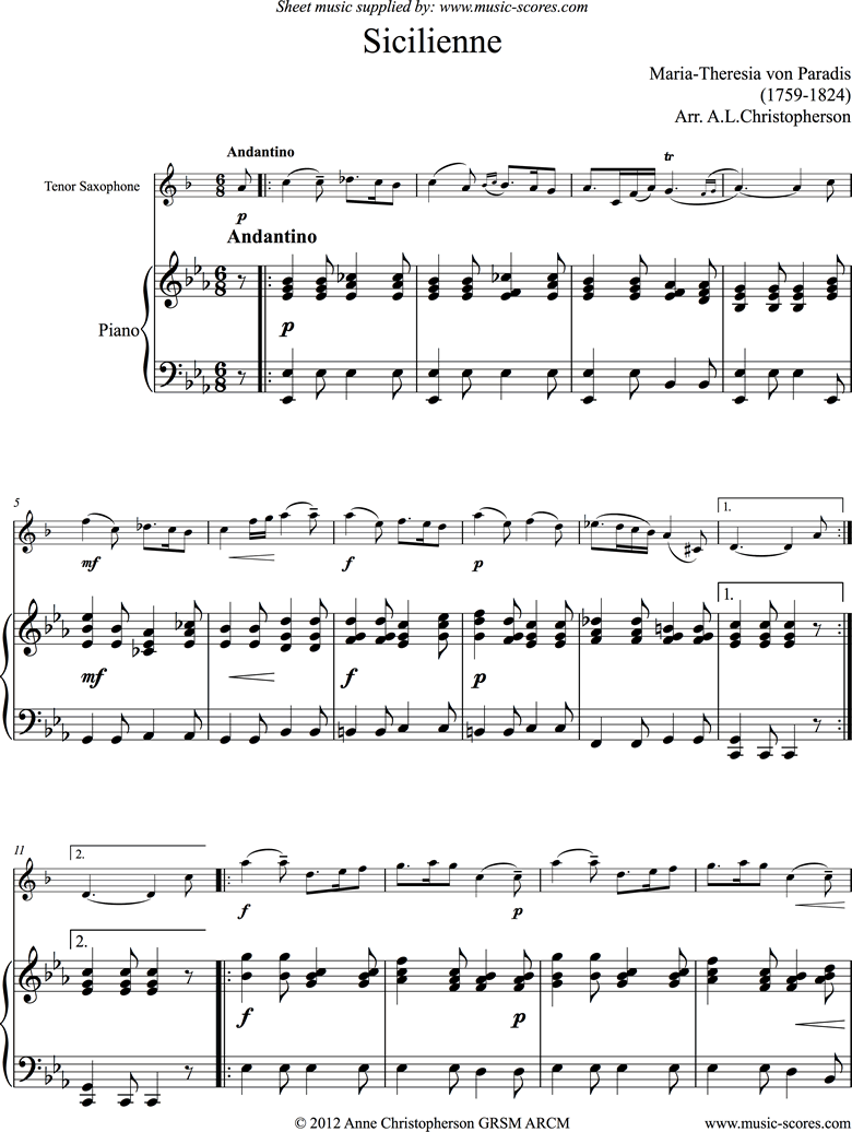 Siciliano: Tenor Sax, Piano by Paradies-MT