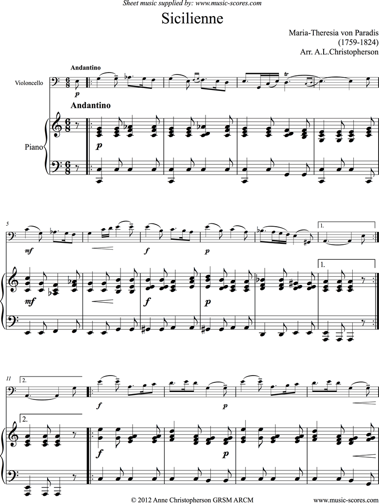 Siciliano: Cello, Piano by Paradies-MT