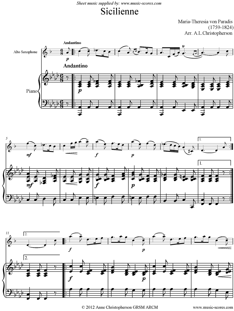 Front page of Siciliano: Alto Sax, Piano sheet music