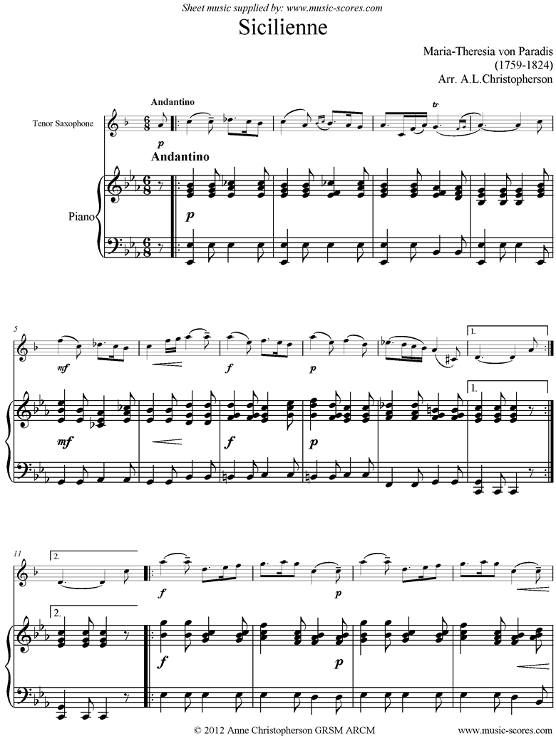 Front page of Siciliano: Tenor Sax, Piano sheet music