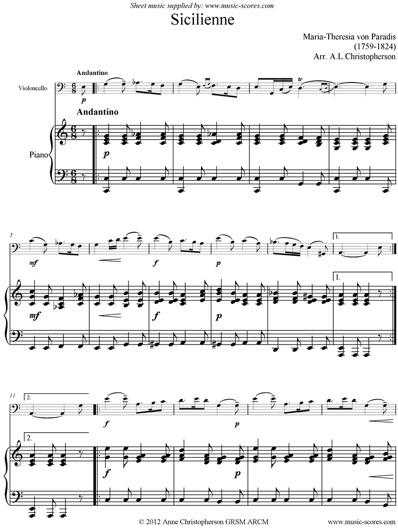 Front page of Siciliano: Cello, Piano sheet music