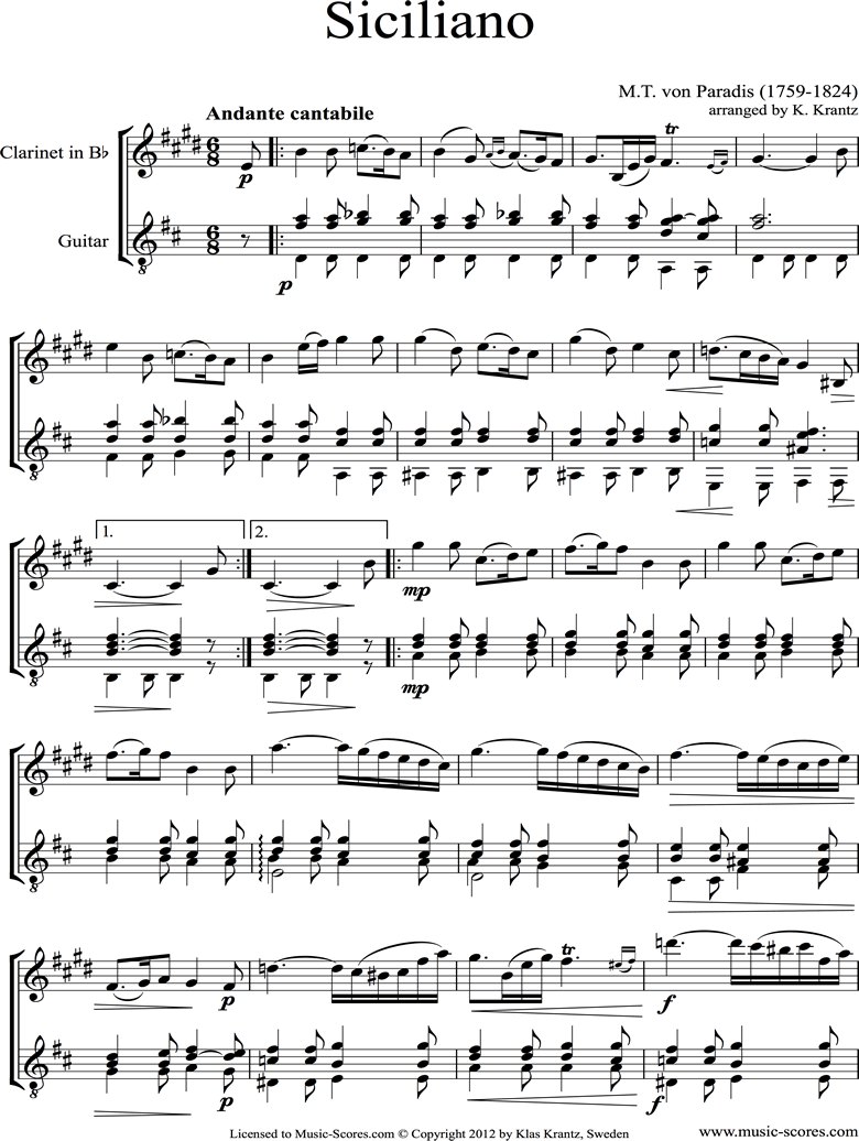 Front page of Siciliano: Clarinet, Guitar sheet music