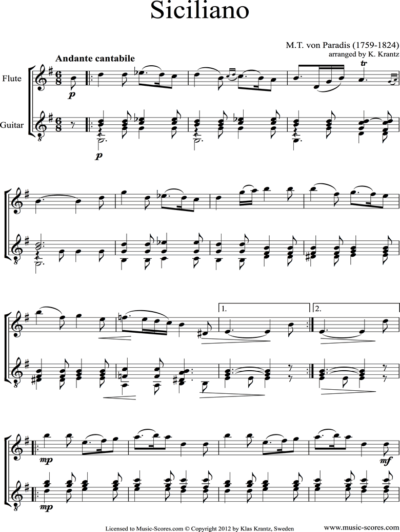 Front page of Siciliano: Flute, Guitar sheet music