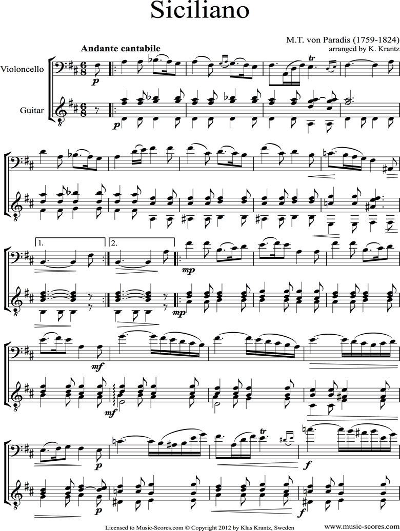 Front page of Siciliano: Cello, Guitar sheet music