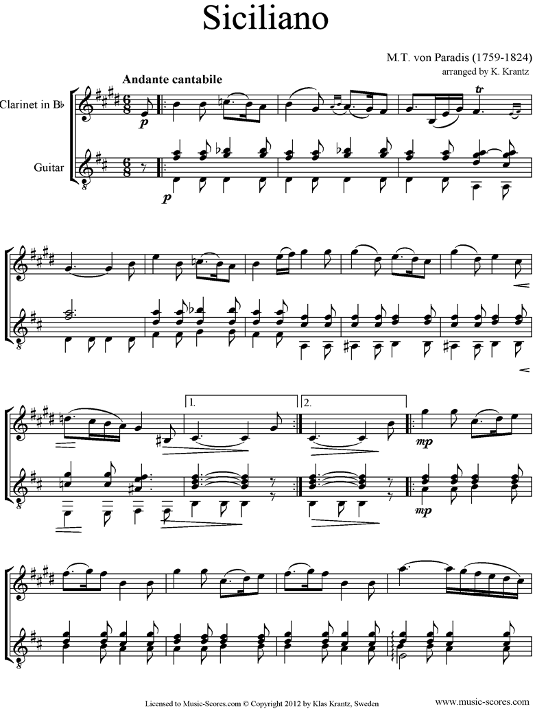 Front page of Siciliano: Clarinet, Guitar sheet music